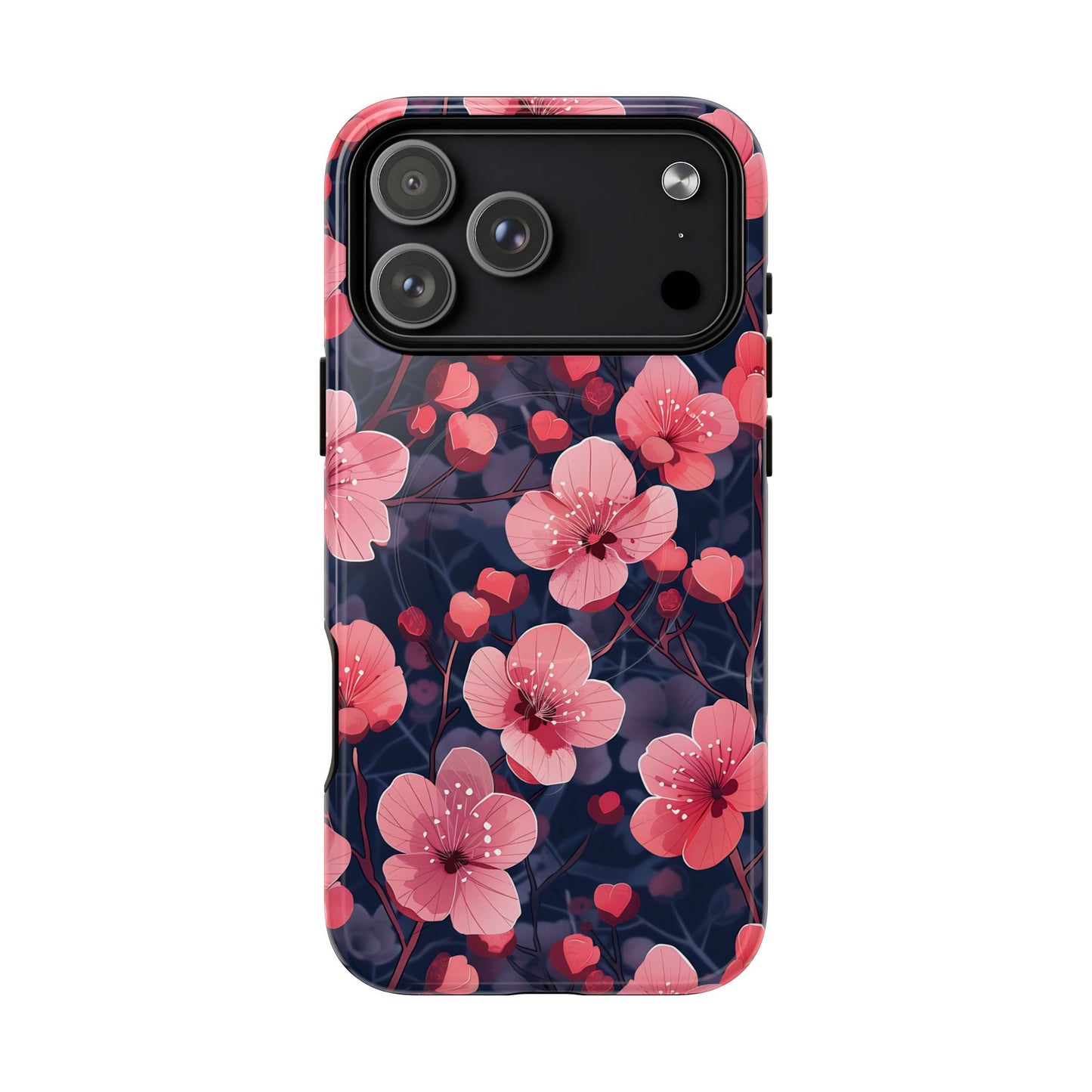 Phone case with pink floral design on a dark background