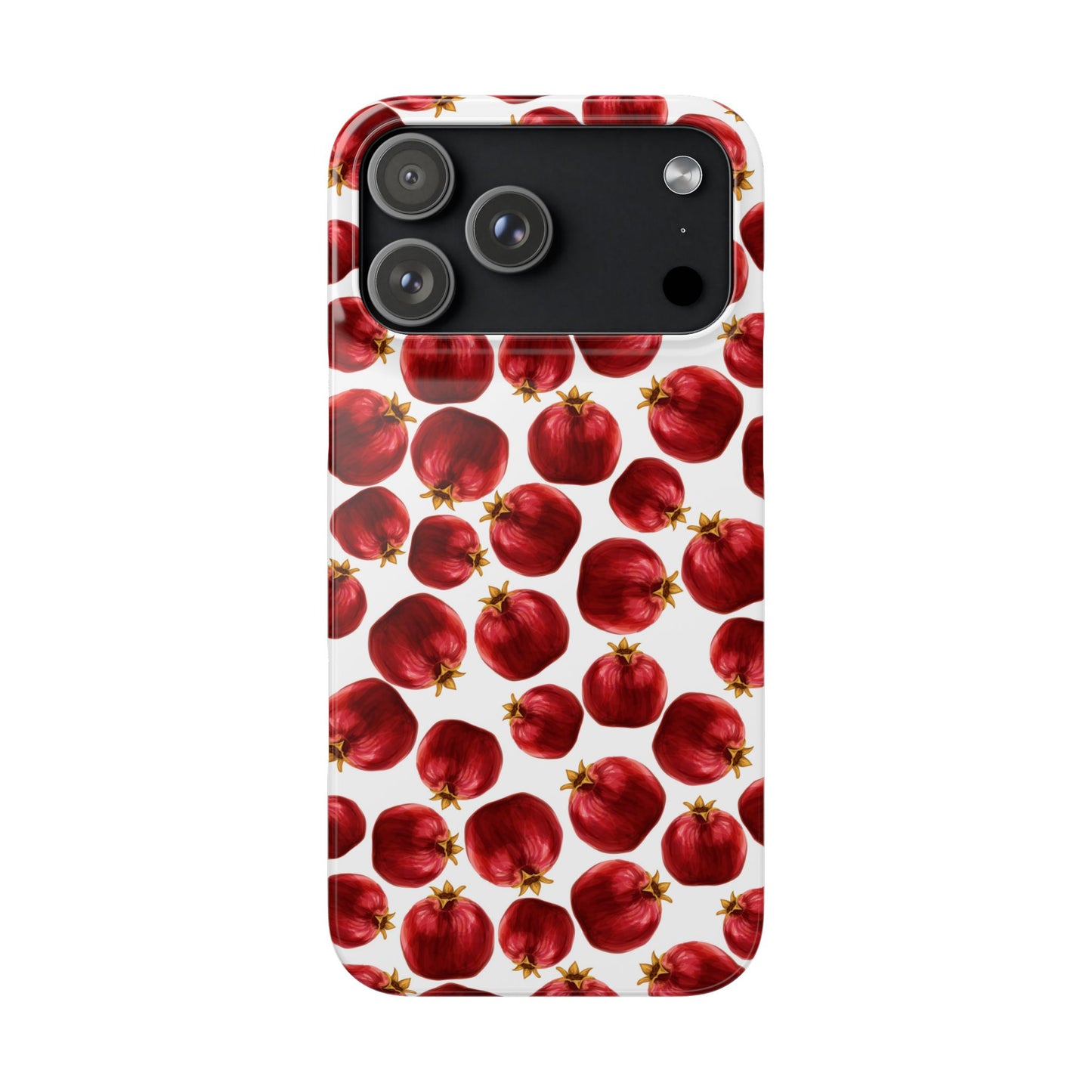Phone case with red pomegranate pattern on a white background