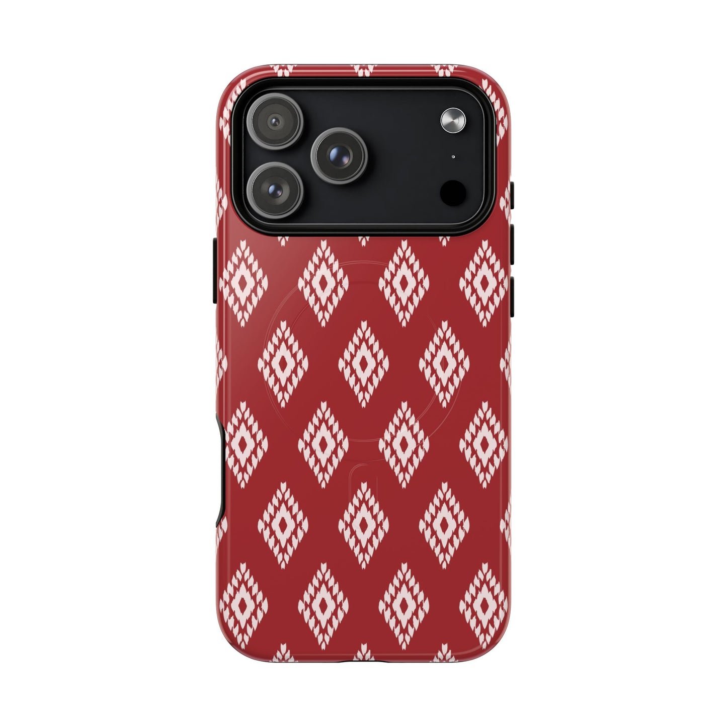 Phone case with red and pink wavy pattern on a white background