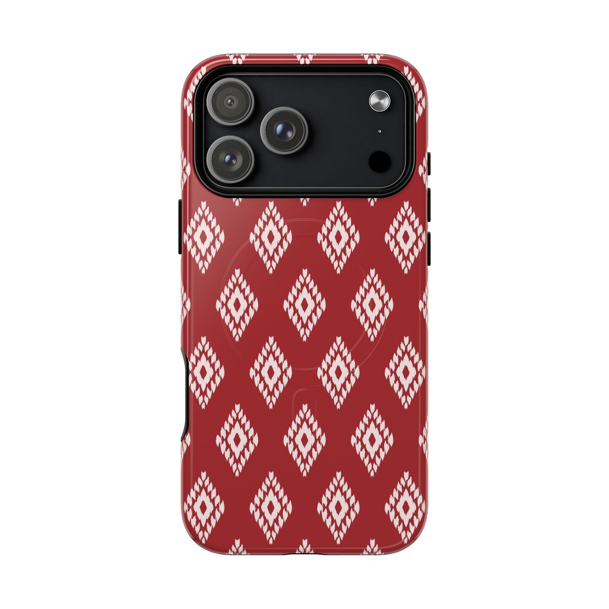 Phone case with red and pink wavy pattern on a white background