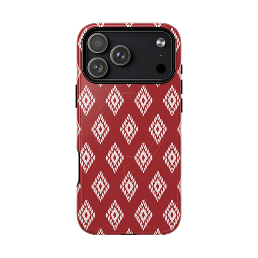 Phone case with red and pink wavy pattern on a white background
