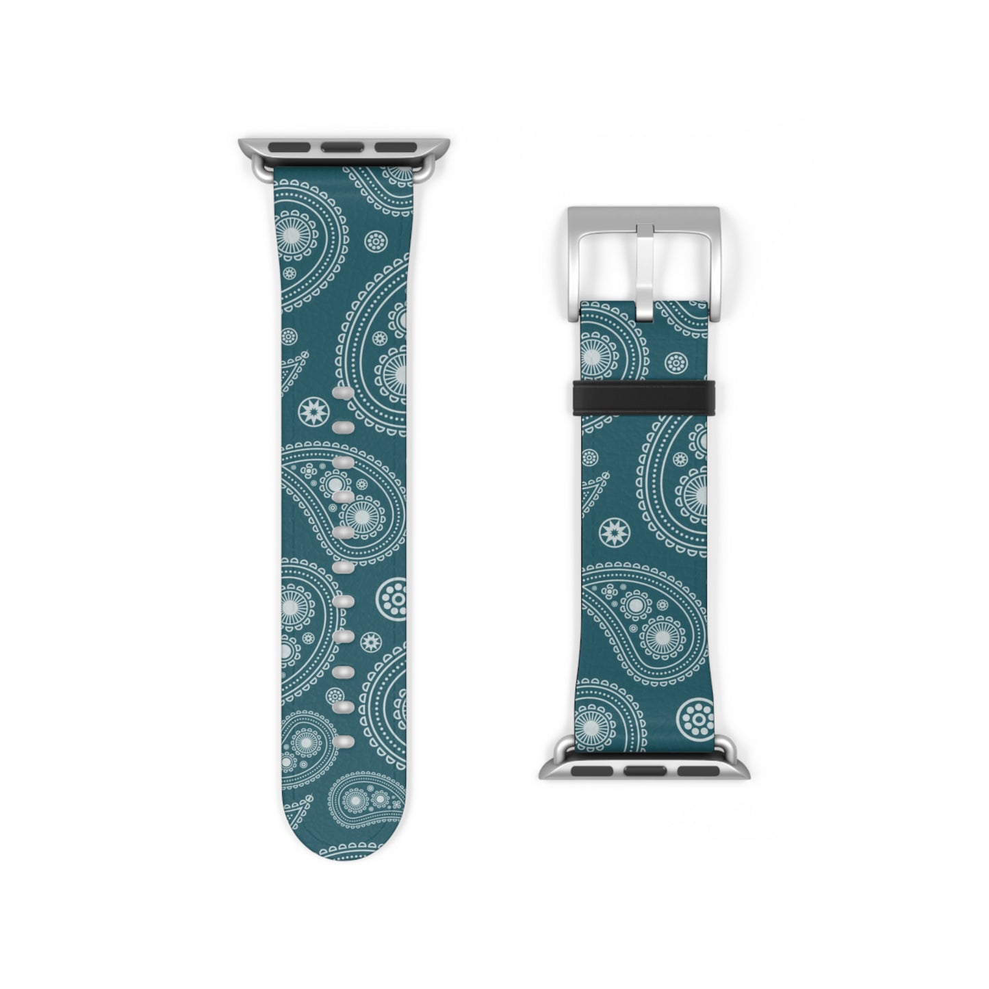 Teal and white patterned watch band on a white background