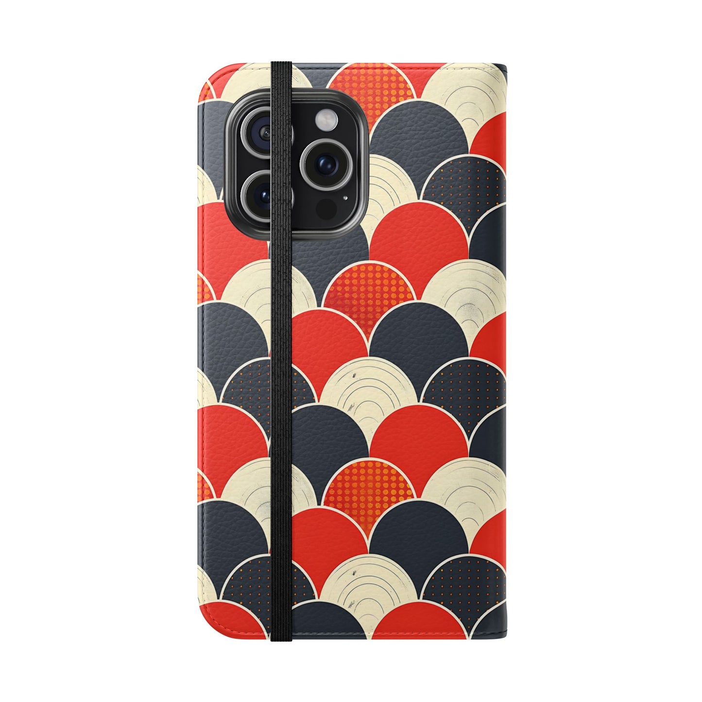 Phone case with a colorful geometric pattern on a white background
