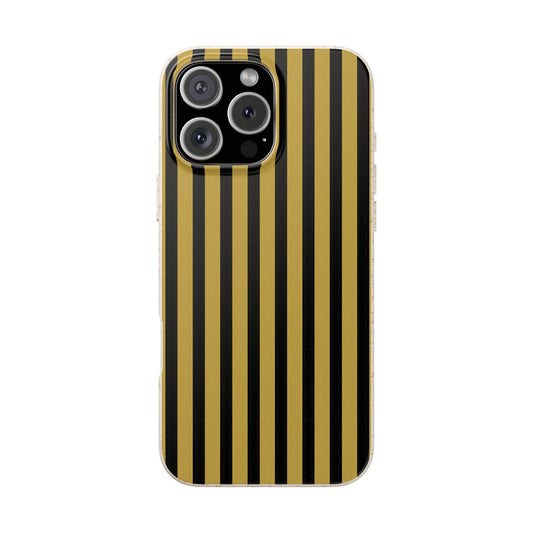 Phone case with black and gold vertical stripes on a white background