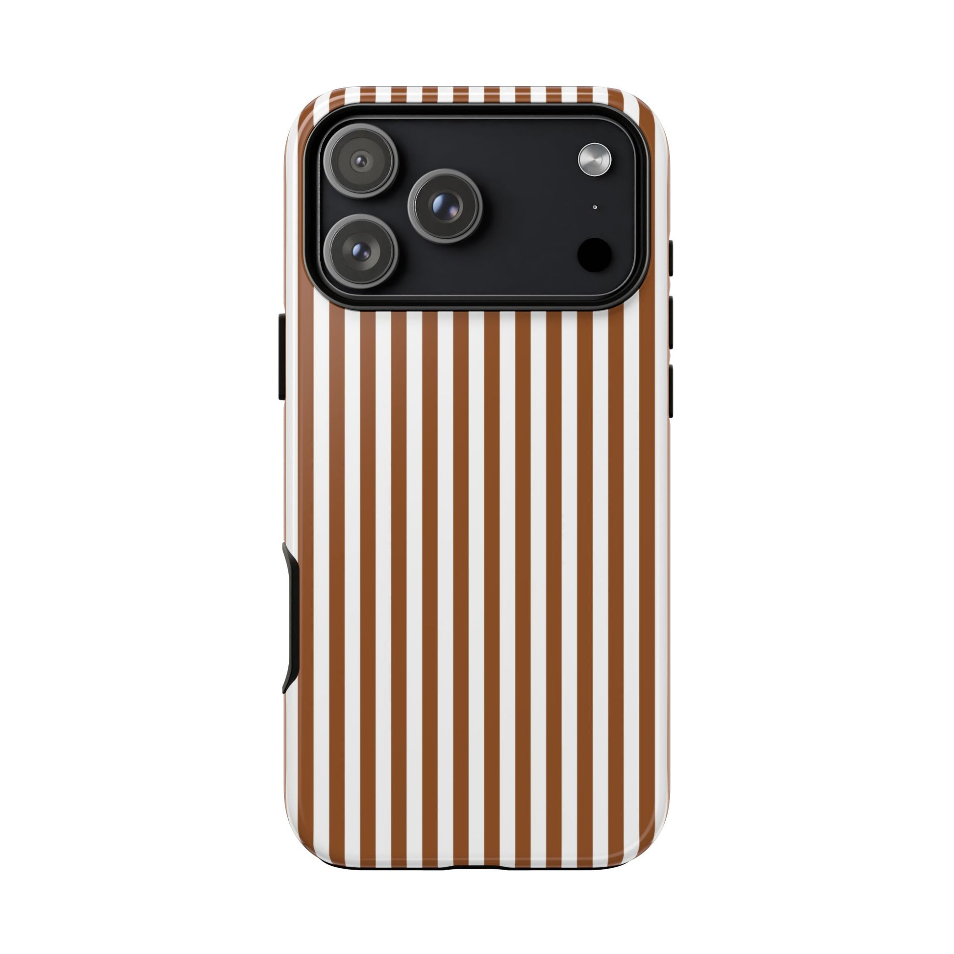 Phone case with brown and white vertical stripes on a white background