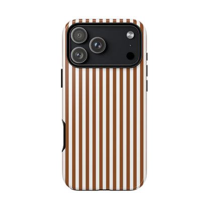 Phone case with brown and white vertical stripes on a white background