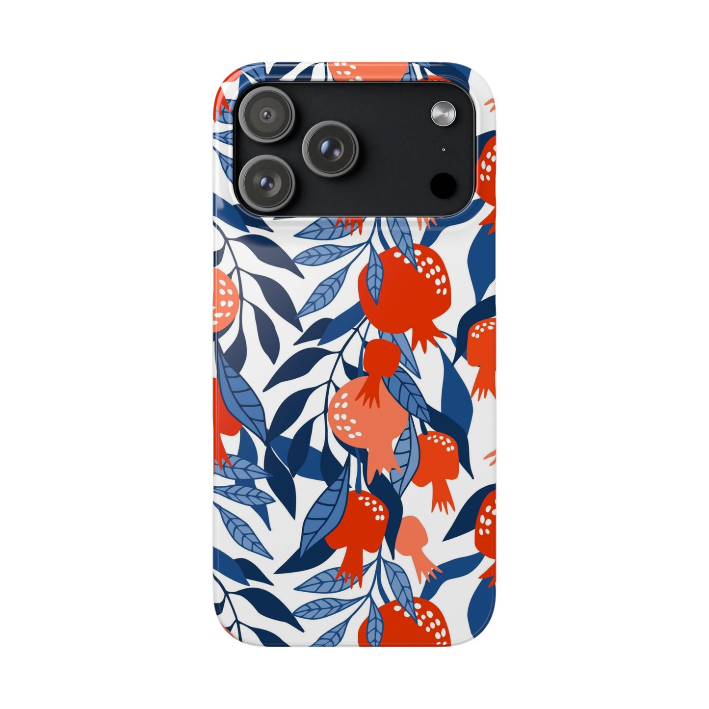 Phone case with red pomegranate and blue leaf pattern on a white background