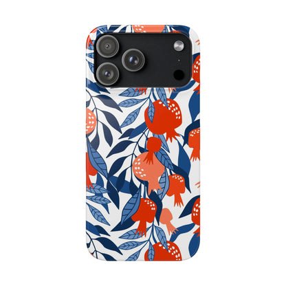 Phone case with red pomegranate and blue leaf pattern on a white background