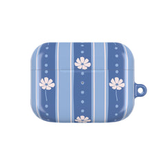 Blue striped case with white floral designs on a white background
