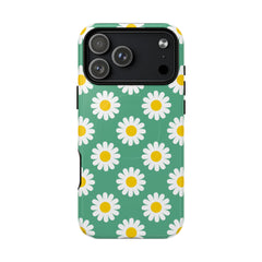 Phone case with daisy pattern on a green background