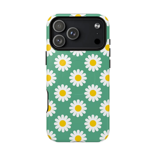 Phone case with daisy pattern on a green background