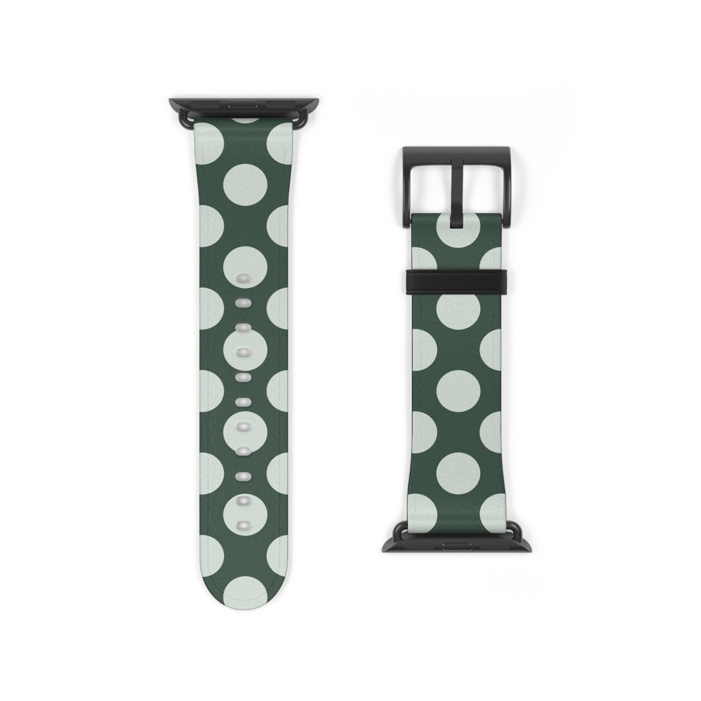 Two green watch straps with white polka dots on a white background