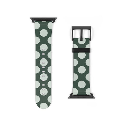 Two green watch straps with white polka dots on a white background