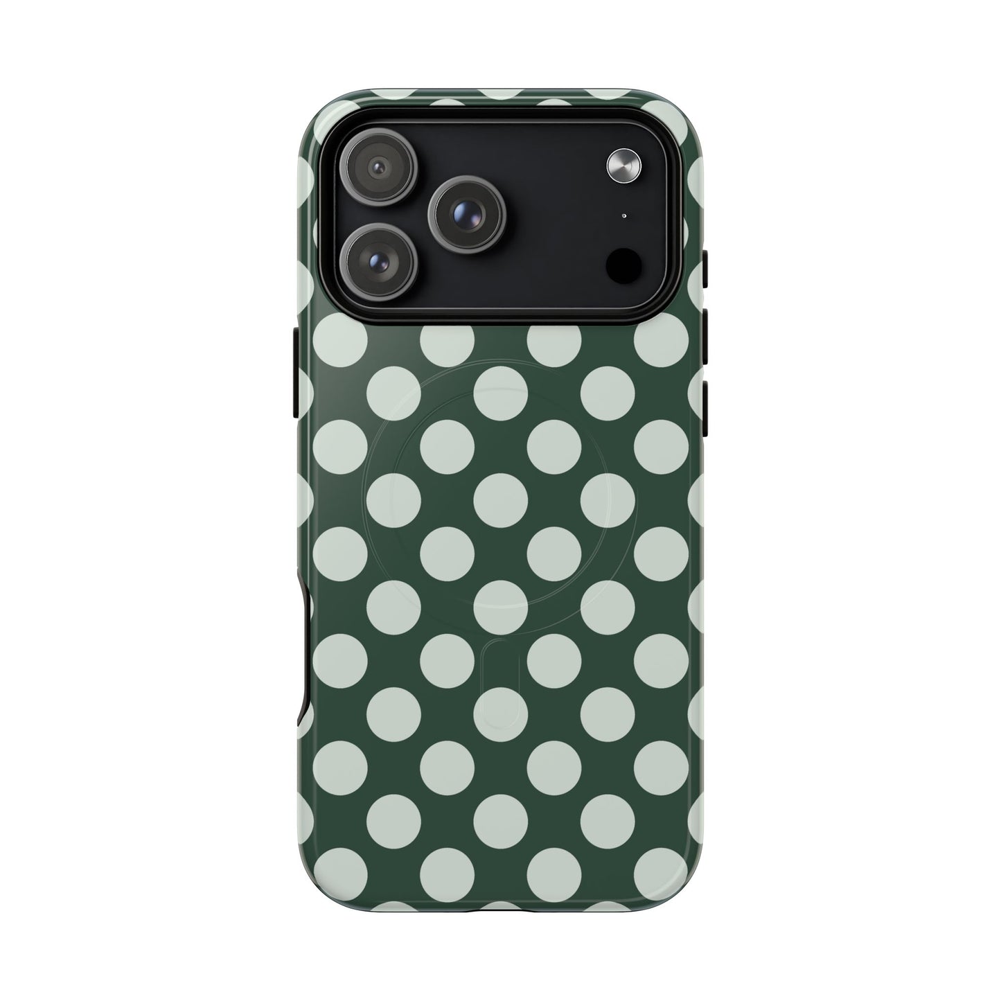 Phone case with green and white polka dot pattern on a white background