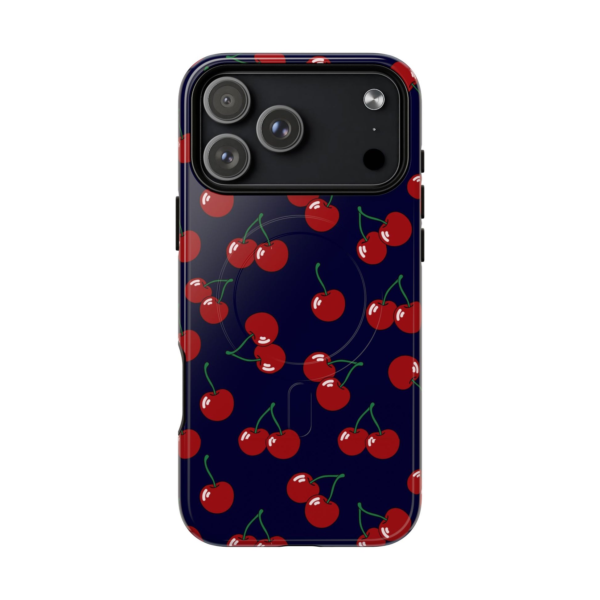 Phone case with cherry pattern on a dark blue background