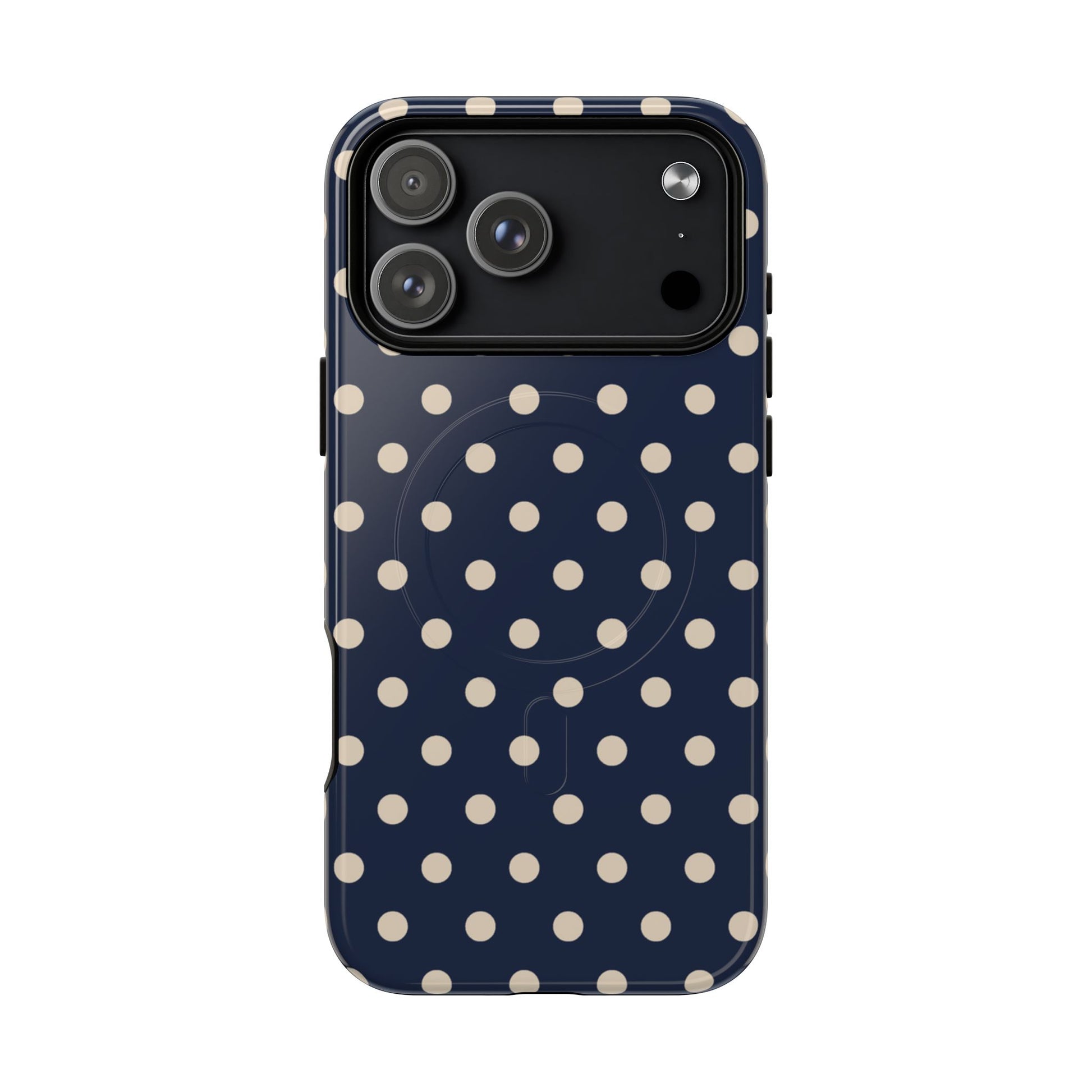 Phone case with white polka dots on a navy background