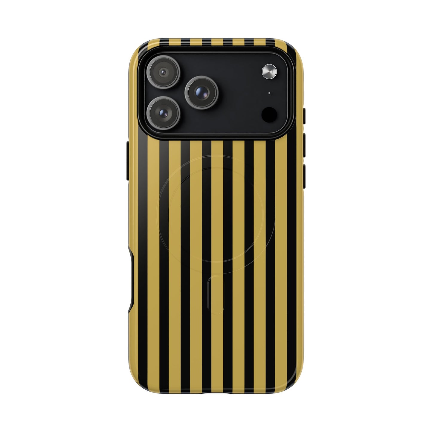 Phone case with black and gold vertical stripes on a white background