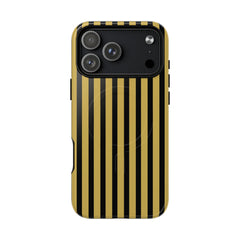 Phone case with black and gold vertical stripes on a white background