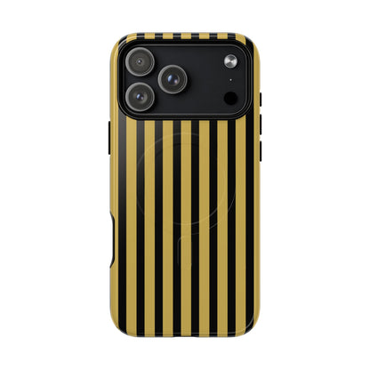 Phone case with black and gold vertical stripes on a white background