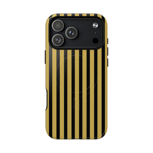 Phone case with black and gold vertical stripes on a white background