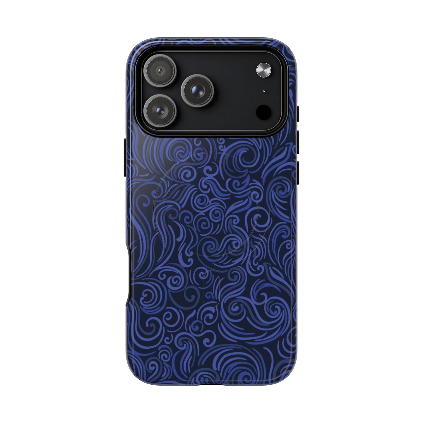 Phone case with blue swirling pattern on a white background
