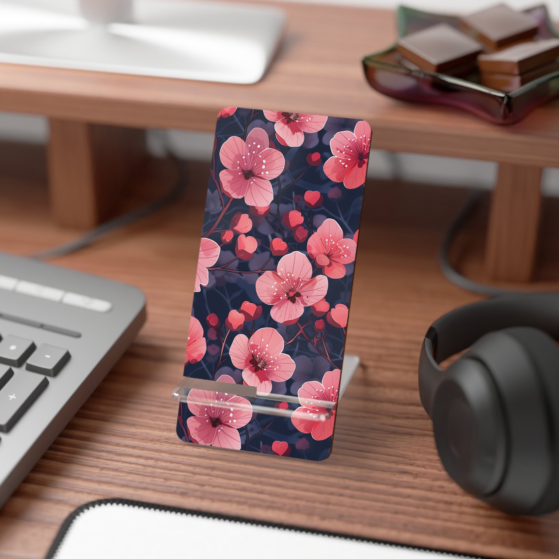 Phone case with pink floral pattern on a desk with keyboard and headphones