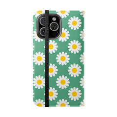 Phone case with daisy pattern on a green background