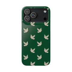 Phone case with bird pattern on a green background