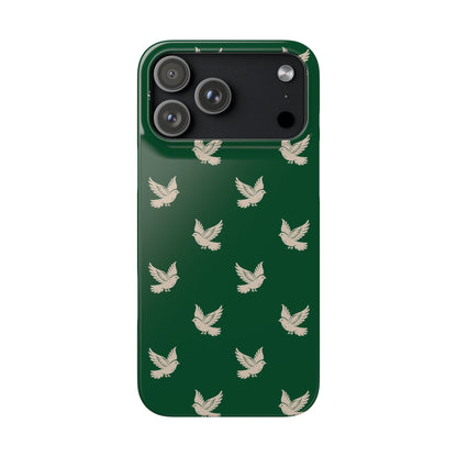Phone case with bird pattern on a green background