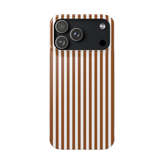 Phone case with brown and white vertical stripes on a white background