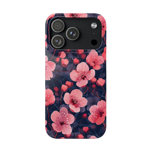 Phone case with pink floral design on a dark background
