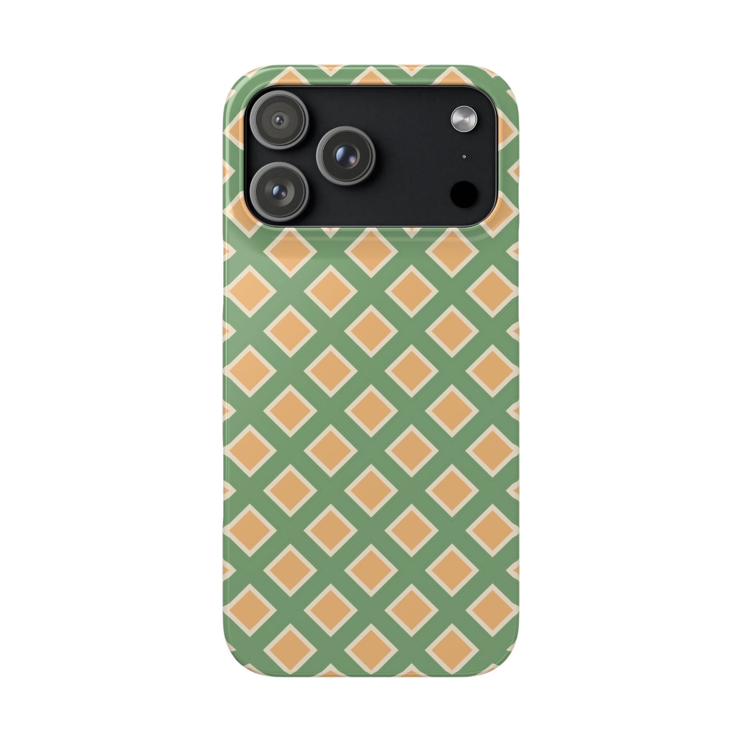 Phone case with green and beige geometric pattern on a white background