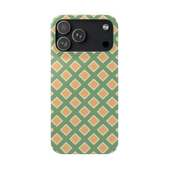 Phone case with green and beige geometric pattern on a white background