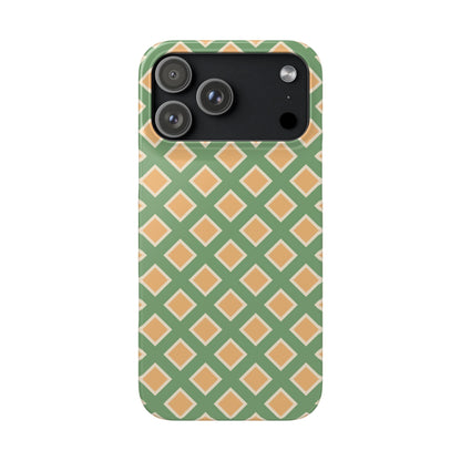 Phone case with green and beige geometric pattern on a white background