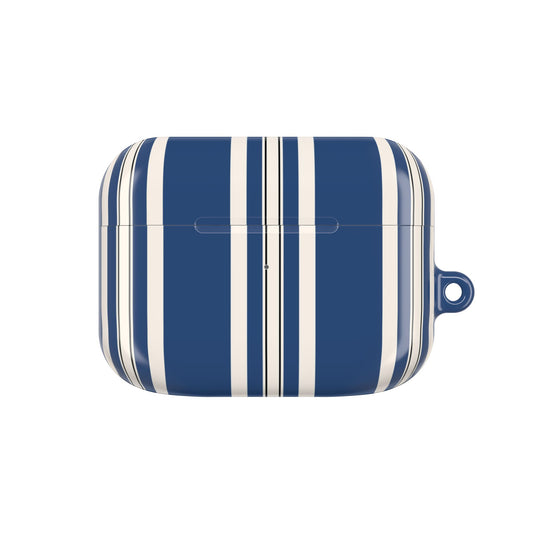 Blue and white striped case on a white background