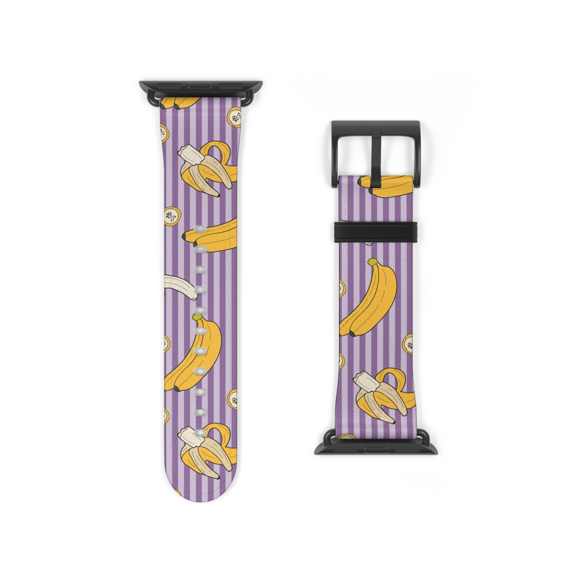 Purple striped watch band with banana pattern on a white background