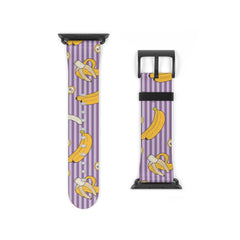 Purple striped watch band with banana pattern on a white background