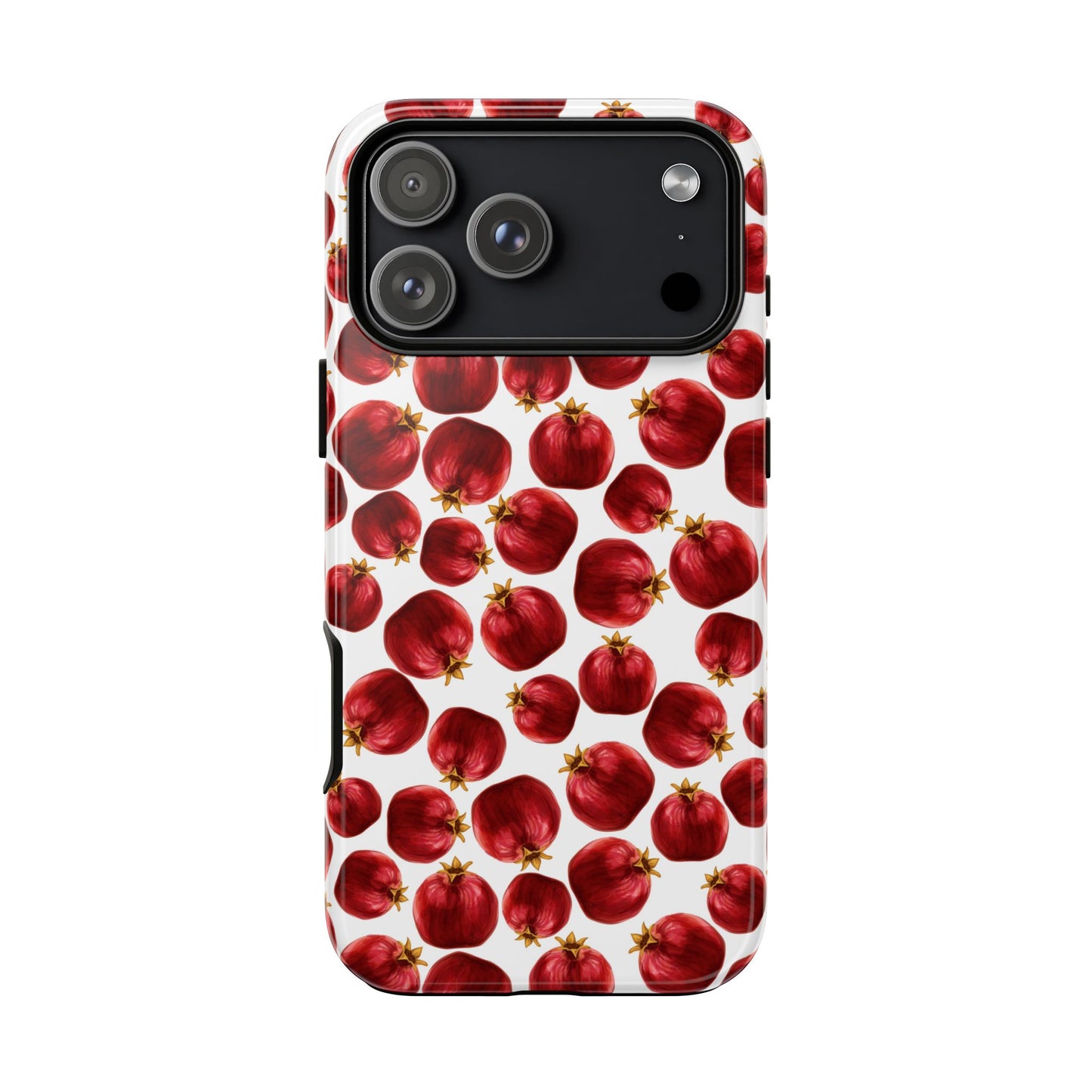 Phone case with red pomegranate pattern on a white background