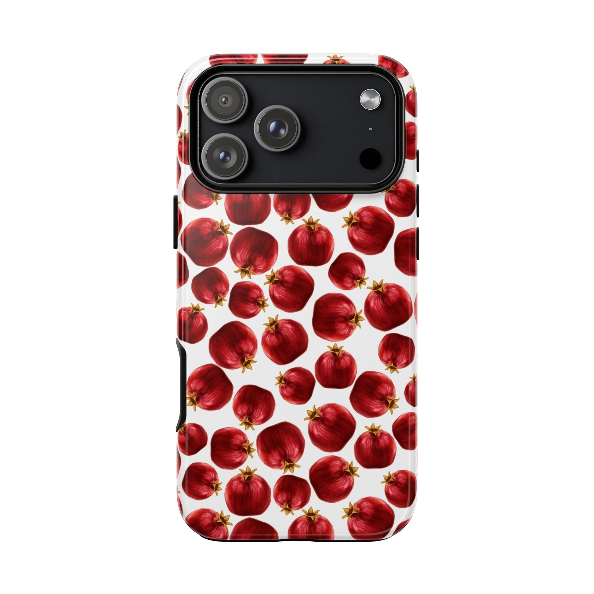 Phone case with red pomegranate pattern on a white background