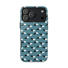 Phone case with wavy pattern on a blue background