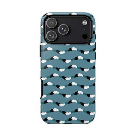 Phone case with wavy pattern on a blue background