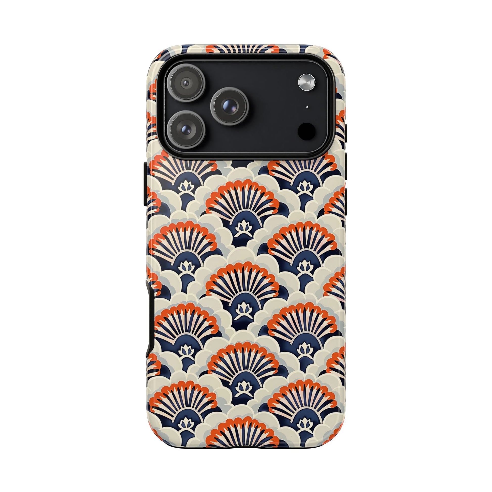 Phone case with geometric fan pattern on a white background