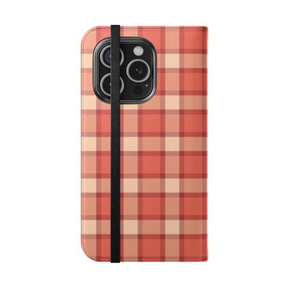 Phone case with red and beige plaid pattern on a white background