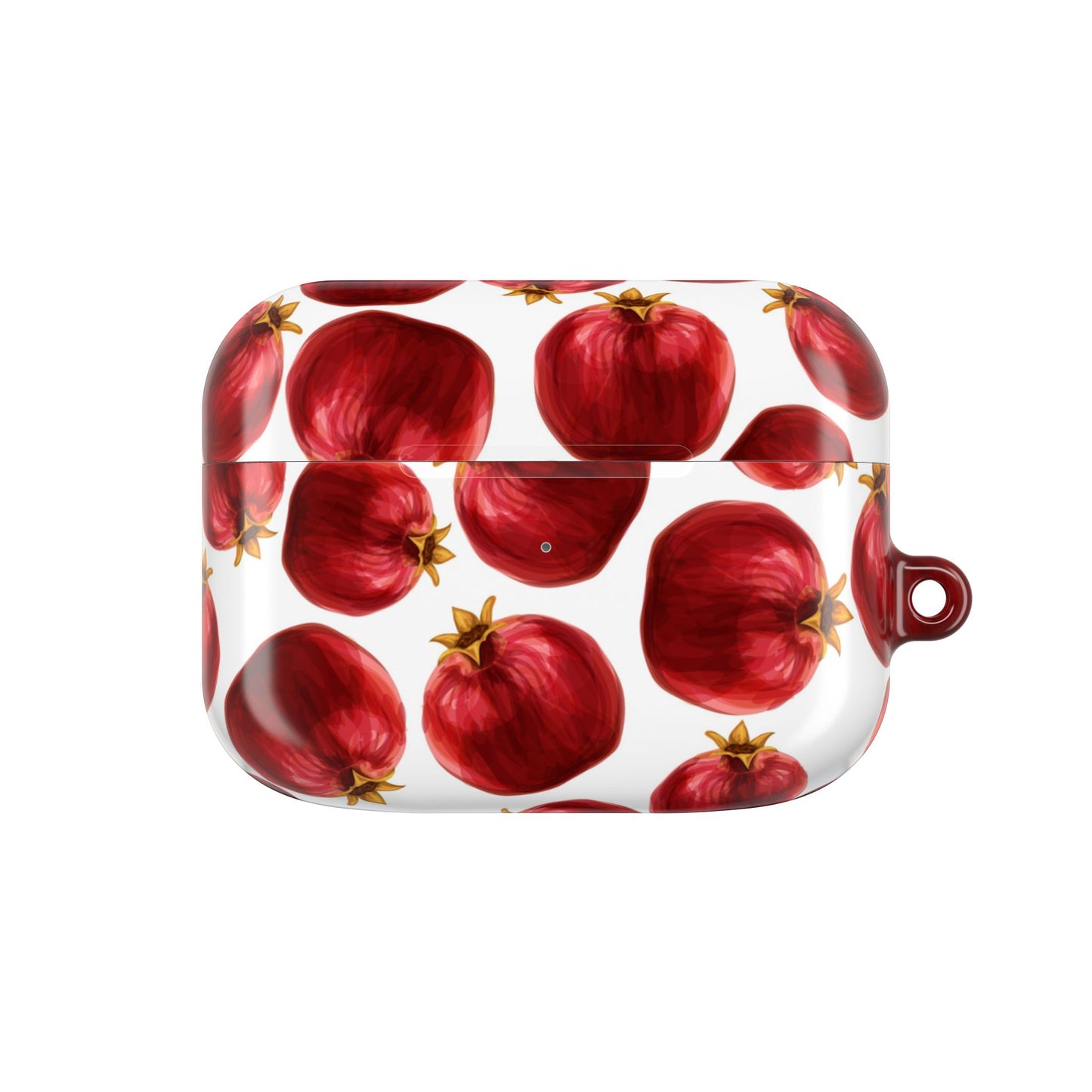 AirPods case with red pomegranate pattern on a white background