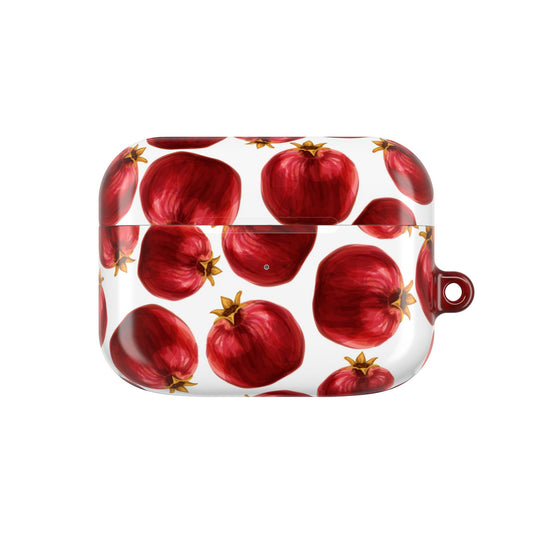 AirPods case with red pomegranate pattern on a white background