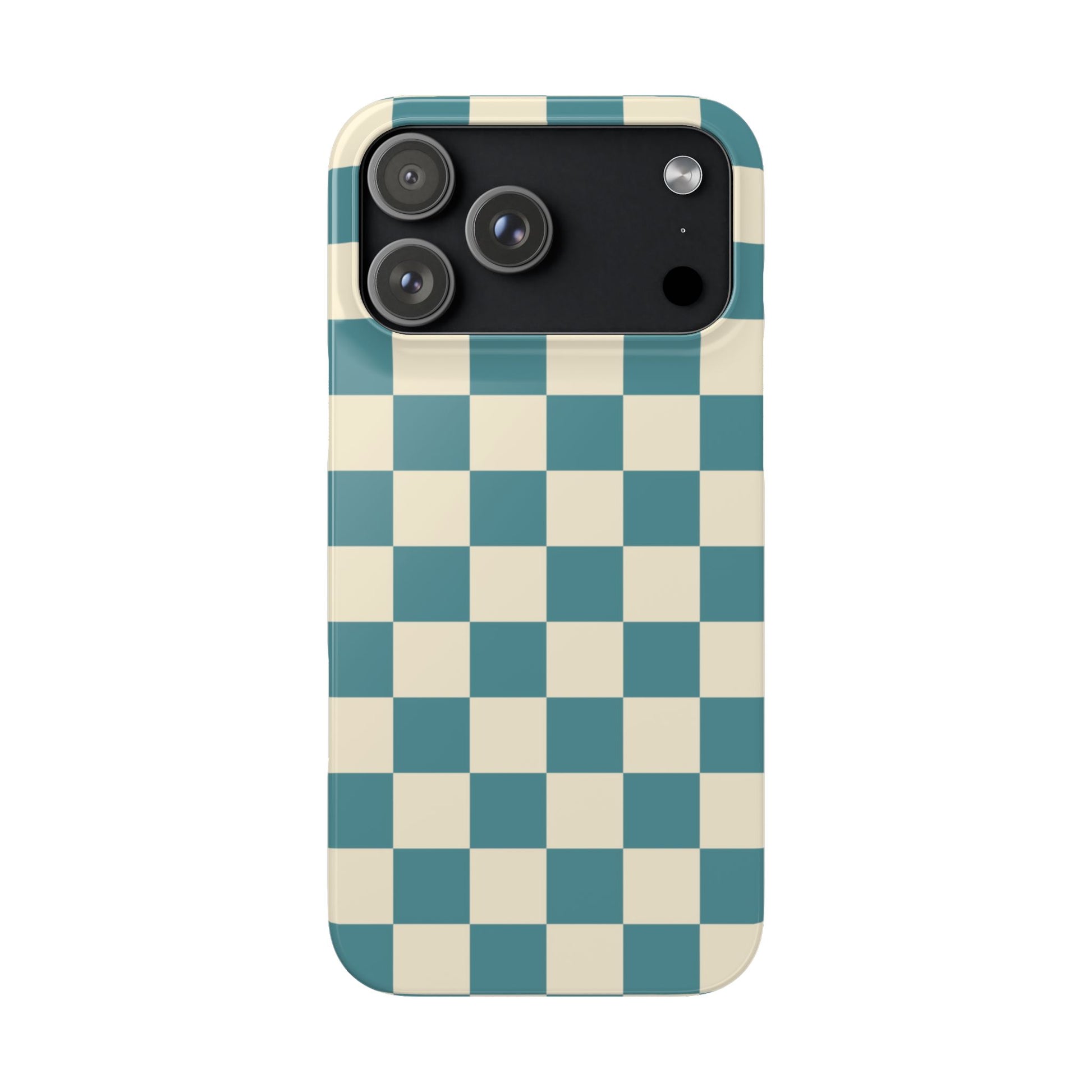 Phone case with blue and beige checkered pattern on a white background