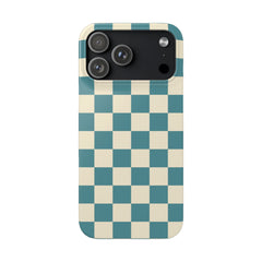 Phone case with blue and beige checkered pattern on a white background