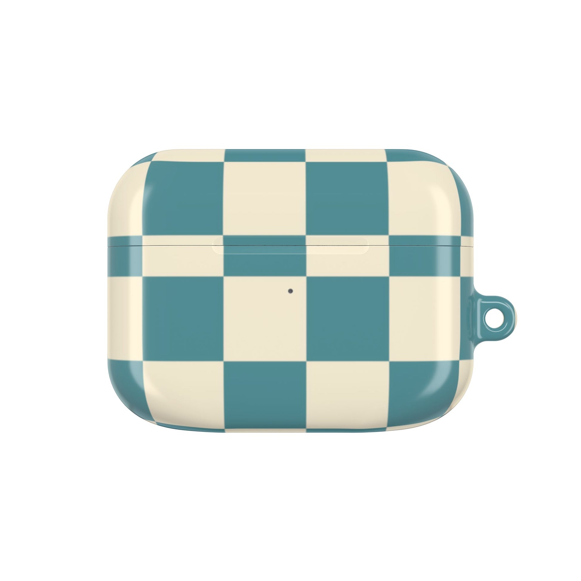 Checkered case with green and beige pattern on a white background