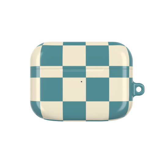 Checkered case with green and beige pattern on a white background