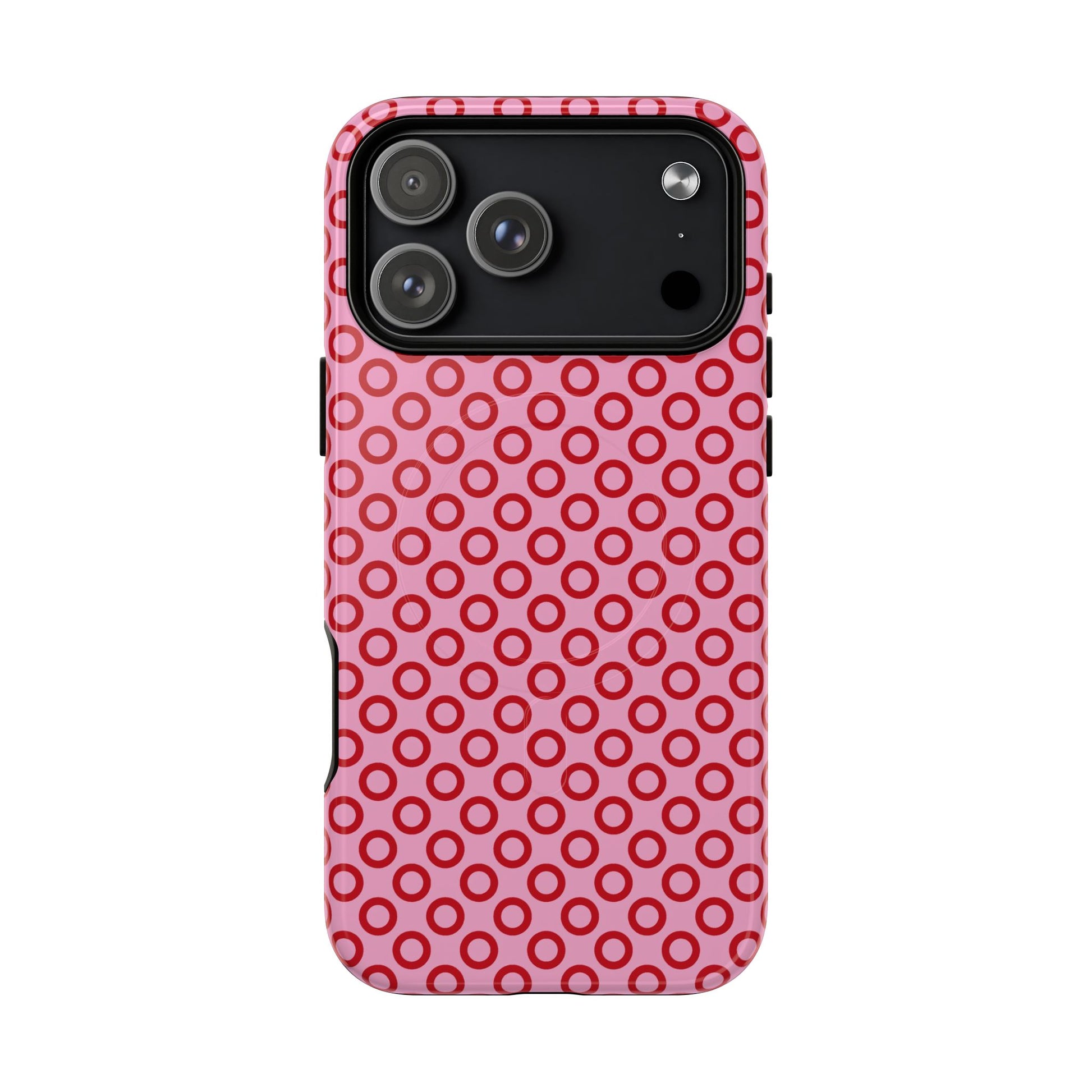 Phone case with pink and red circular pattern on a white background